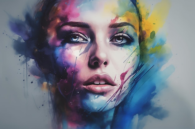 Un dipinto del volto di una donna con schizzi di vernice