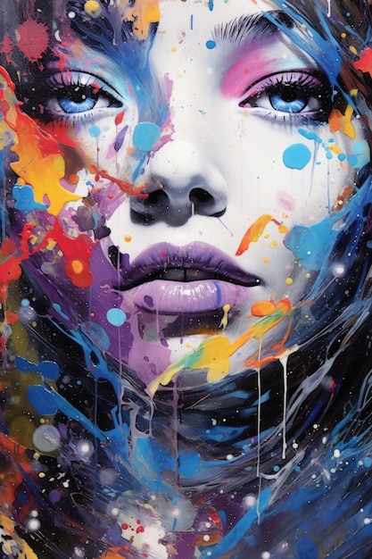 Un dipinto del volto di una donna con vernice su di esso.