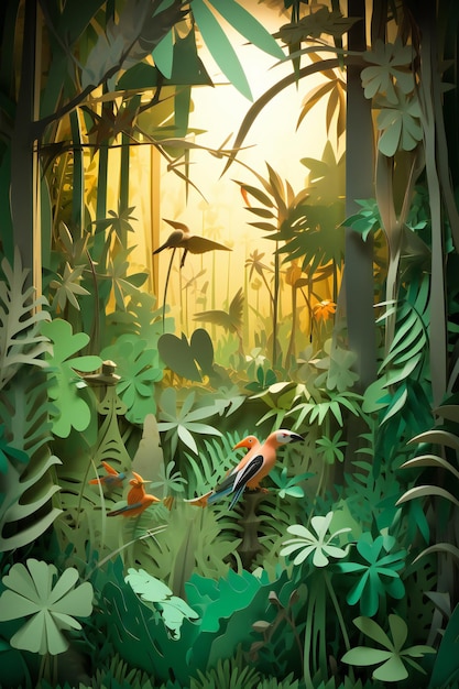 Un dipinto della giungla tropicale con un uccello al centro