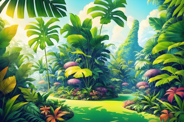 Un dipinto della giungla tropicale con una scena della giungla sullo sfondo.