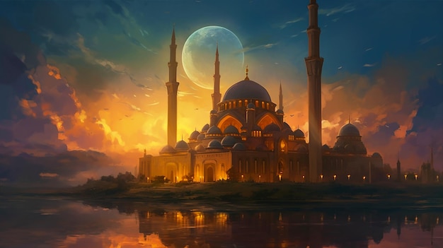 un dipinto della moschea con la luna sullo sfondo