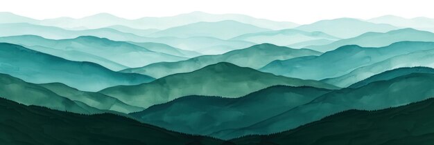 Un dipinto dettagliato che raffigura una serie di montagne verdi sotto un cielo blu limpido