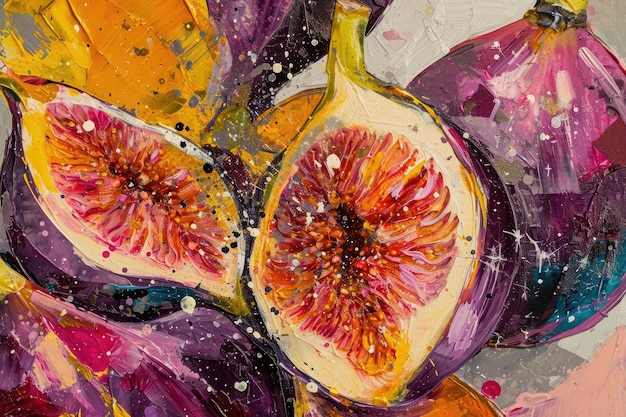 Un dipinto dettagliato e realistico che cattura una varietà di frutta fresca accuratamente disposta su un tavolo di legno Un pezzo astratto che rappresenta la complessità e i colori audaci dei fichi maturi
