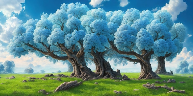 Un dipinto di alberi blu in un campo con erba verde e cielo blu.