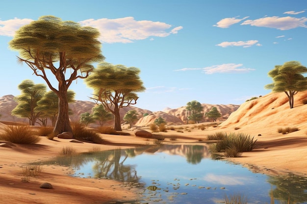 un dipinto di alberi e acqua con montagne sullo sfondo.