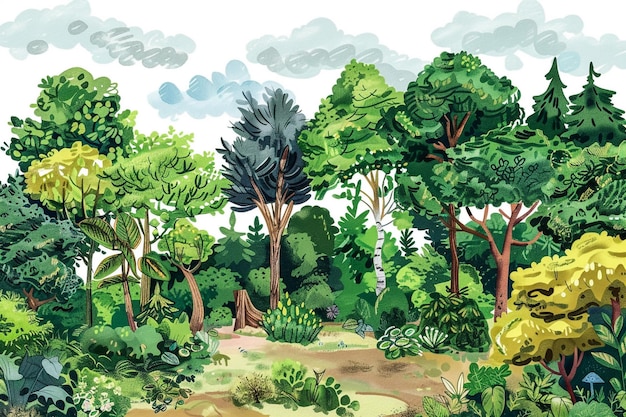 un dipinto di alberi e piante con uno sfondo celeste