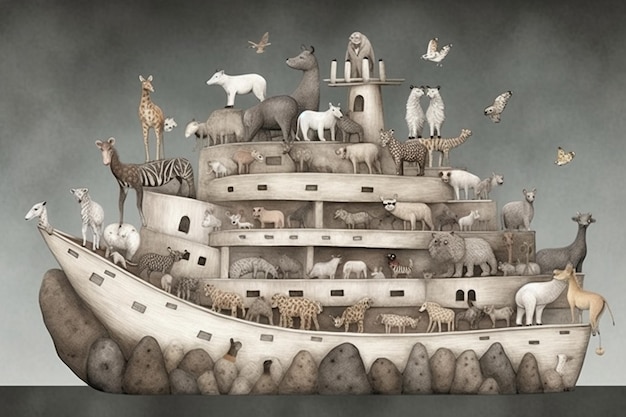 Un dipinto di animali su una nave che dice "la parola animali"