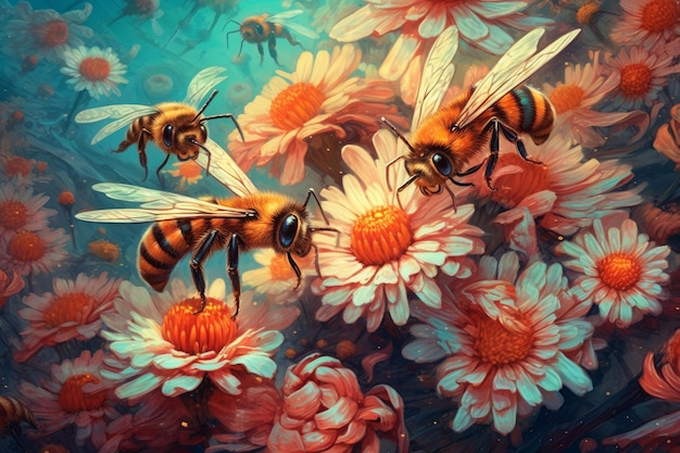 Un dipinto di api su un campo di fiori