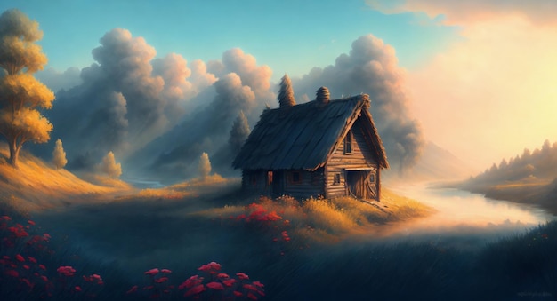 Un dipinto di arte digitale di una casa tra le nuvole