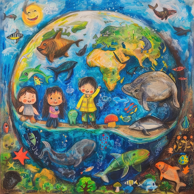un dipinto di bambini e animali in tutto il mondo
