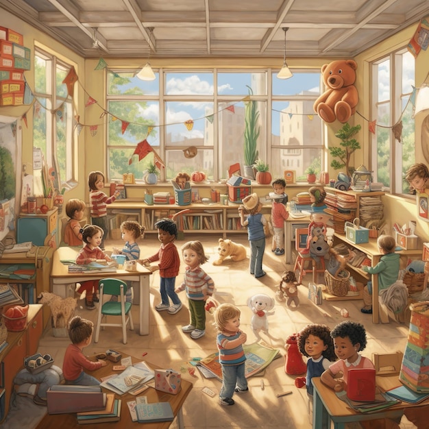 Un dipinto di bambini in classe con un orso sul muro