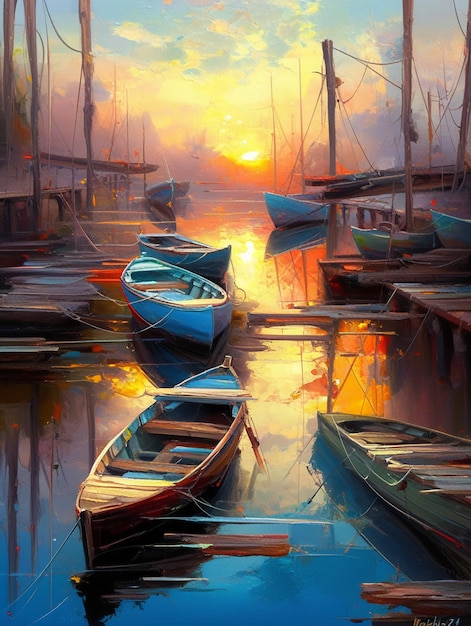 Un dipinto di barche in un porto con il sole che tramonta dietro di loro.