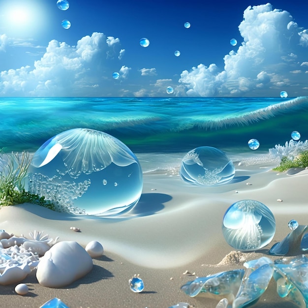 Un dipinto di bolle su una spiaggia con l'oceano sullo sfondo.