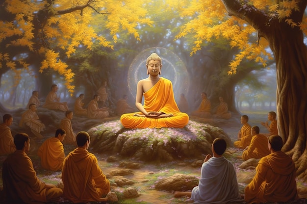 Un dipinto di Buddha davanti a un albero con le parole Buddha al centro.