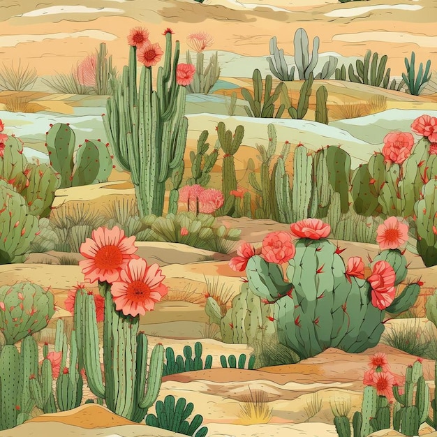Un dipinto di cactus e cactus con un fiume sullo sfondo.