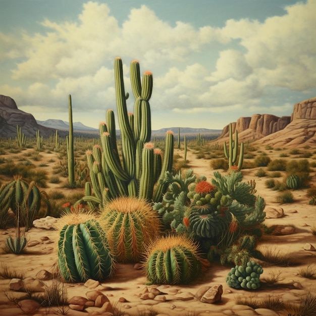 Un dipinto di cactus in un deserto con montagne sullo sfondo.