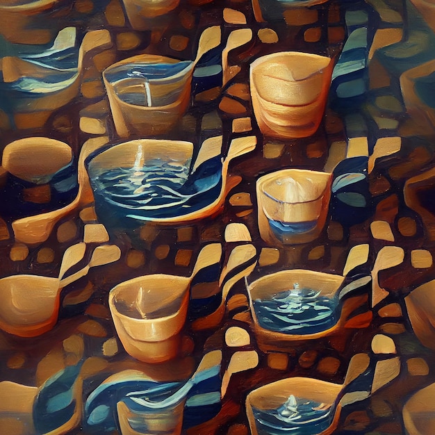 Un dipinto di candele e bicchieri con uno sfondo blu che dice acqua