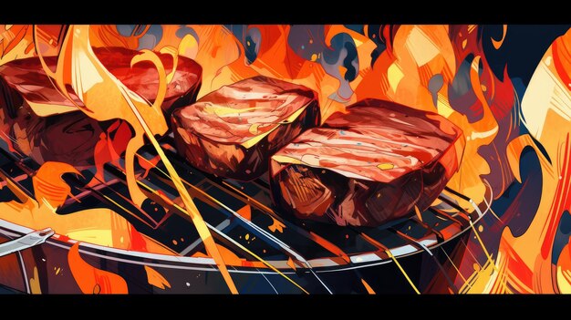 Un dipinto di carne su un piatto con un fuoco sullo sfondo.