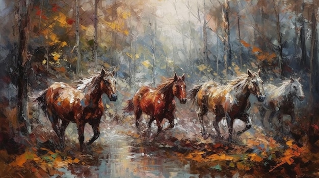 Un dipinto di cavalli che corrono nei boschi