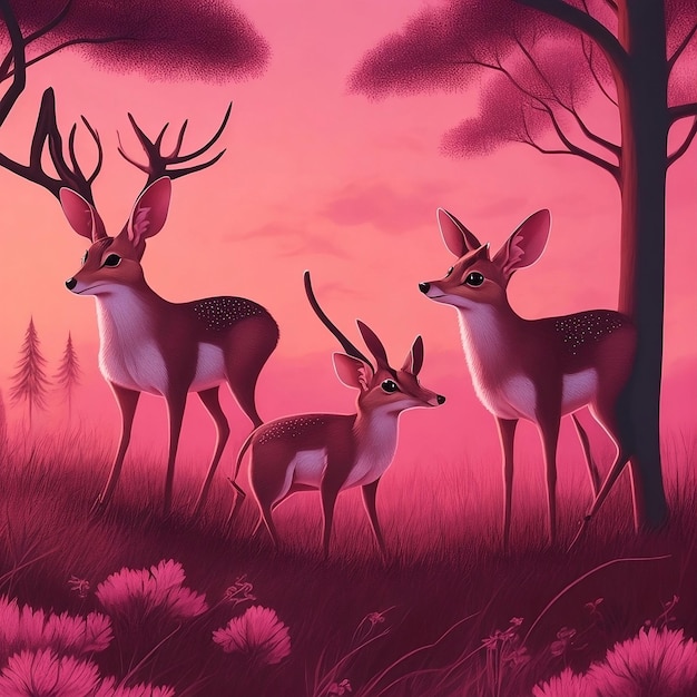un dipinto di cervi in un paesaggio rosa e viola