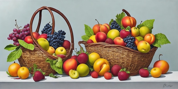 Un dipinto di cesti di frutta con uno di essi contiene un grappolo di frutta.