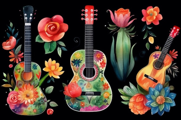 Un dipinto di chitarre con fiori e la scritta " messicano " in alto.