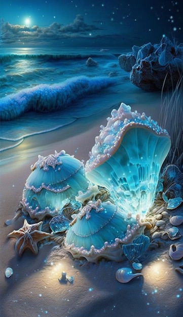 Un dipinto di conchiglie di mare su una spiaggia.