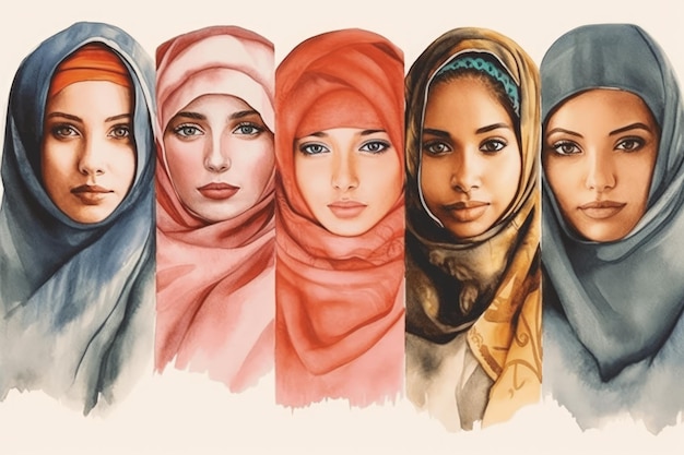 Un dipinto di donne che indossano l'hijab e uno rosso