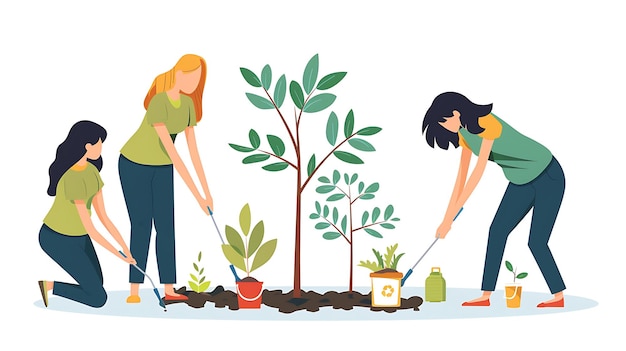 un dipinto di donne che piantano alberi e piante