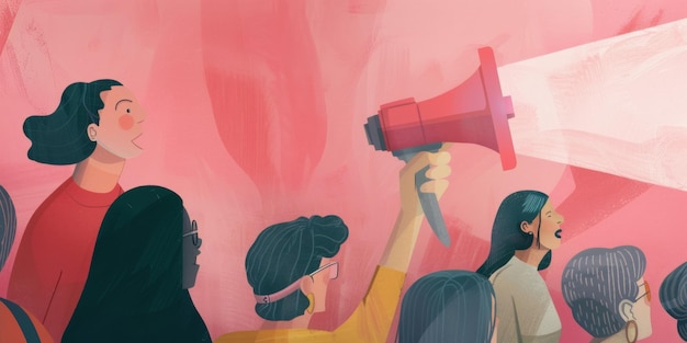 un dipinto di donne che tengono un megafono con le parole donne su di esso
