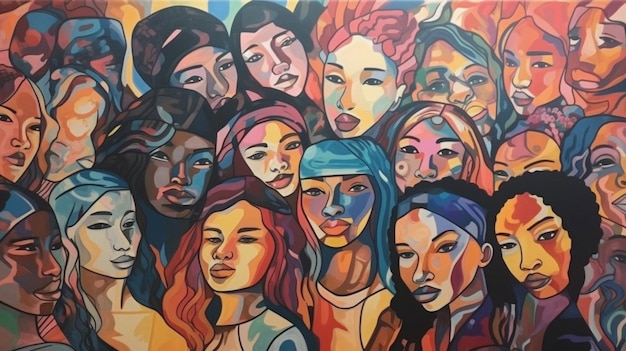 Un dipinto di donne con colori diversi e la parola amore sopra.