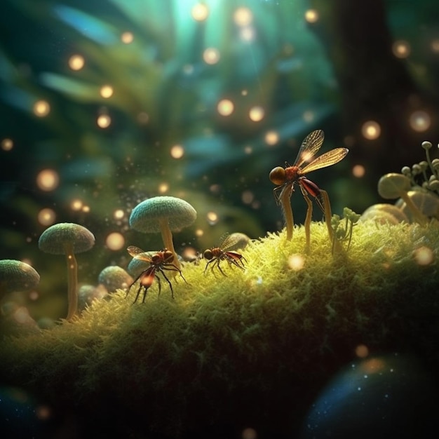 Un dipinto di due api su una superficie coperta di muschio con funghi e un albero sullo sfondo.
