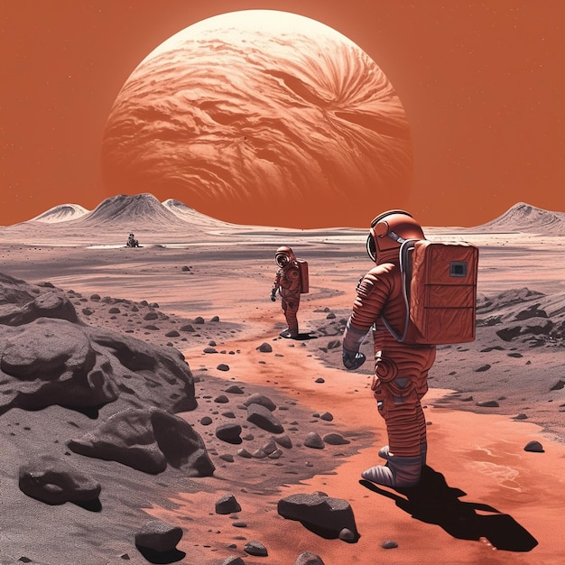 Un dipinto di due astronauti che camminano su un pianeta con una grande luna sullo sfondo