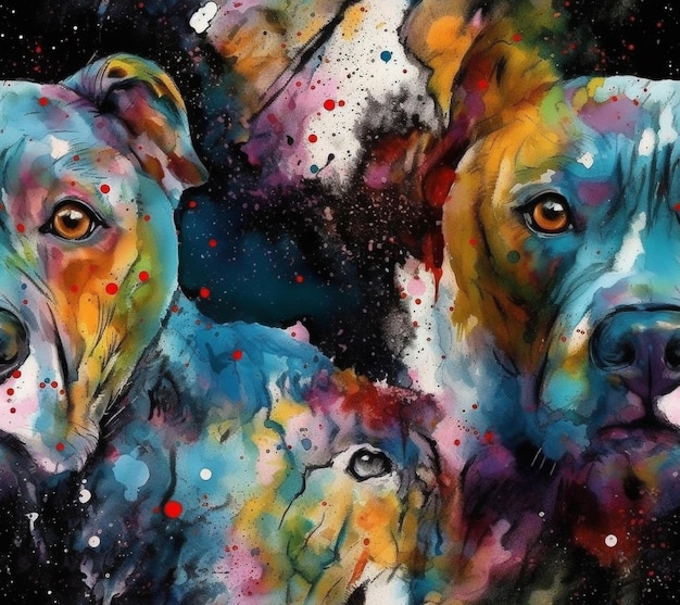 Un dipinto di due cani con diversi colori di vernice e le parole pitbull sul davanti.