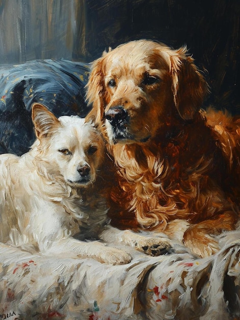 un dipinto di due cani sdraiati su un divano