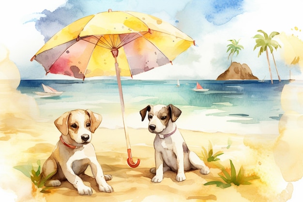 Un dipinto di due cani sulla spiaggia con un ombrellone.