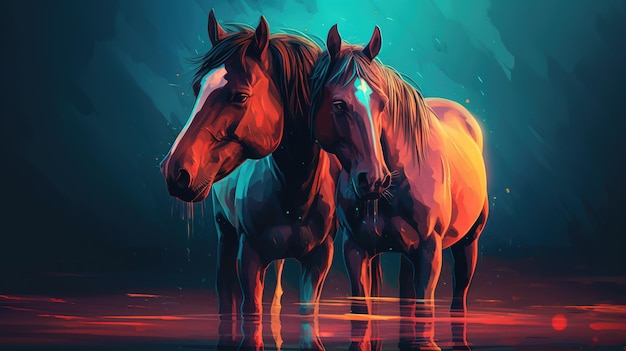 Un dipinto di due cavalli in piedi in uno stagno.