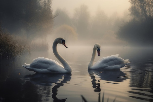 Un dipinto di due cigni su un lago