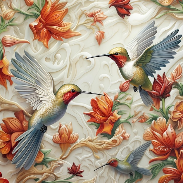 Un dipinto di due colibrì con fiori d'arancio sul muro.