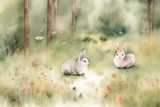 Un dipinto di due conigli in un campo di fiori