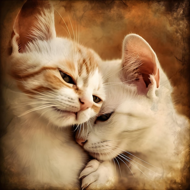 Un dipinto di due gatti che si coccolano con uno di loro che guarda la telecamera.