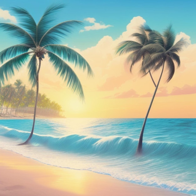 un dipinto di due palme su una spiaggia con il sole che tramonta dietro di loro