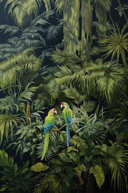 un dipinto di due pappagalli in una foresta tropicale