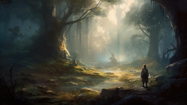 Un dipinto di due persone che camminano in una foresta con il sole che splende su di loro.