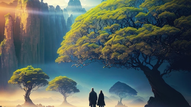 Un dipinto di due persone che guardano un albero con su scritto "l'albero".