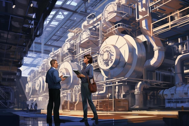 un dipinto di due persone davanti a una grande macchina industriale