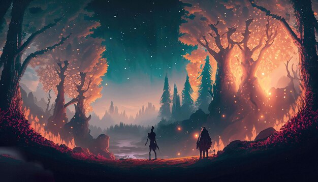 Un dipinto di due persone in piedi in una foresta con un incendio sullo sfondo.