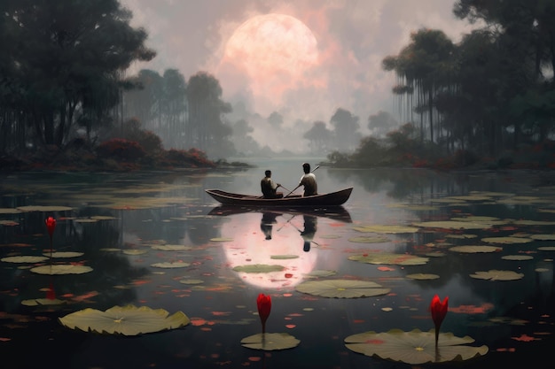 Un dipinto di due persone su una barca su un lago con una luna sullo sfondo.