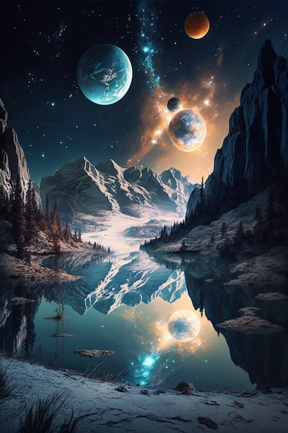 Un dipinto di due pianeti in un lago