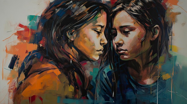 Un dipinto di due ragazze che si guardano